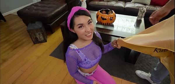  Asian rides huge dick at Halloween